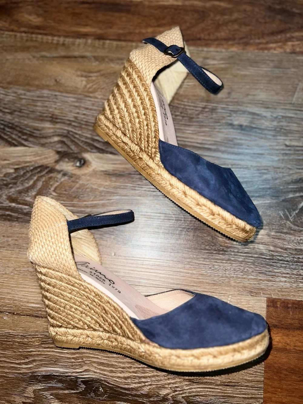 Gaimo Navy Blue Suede Espadrille Ankle Strap Wedge Sandals, Size 7.5